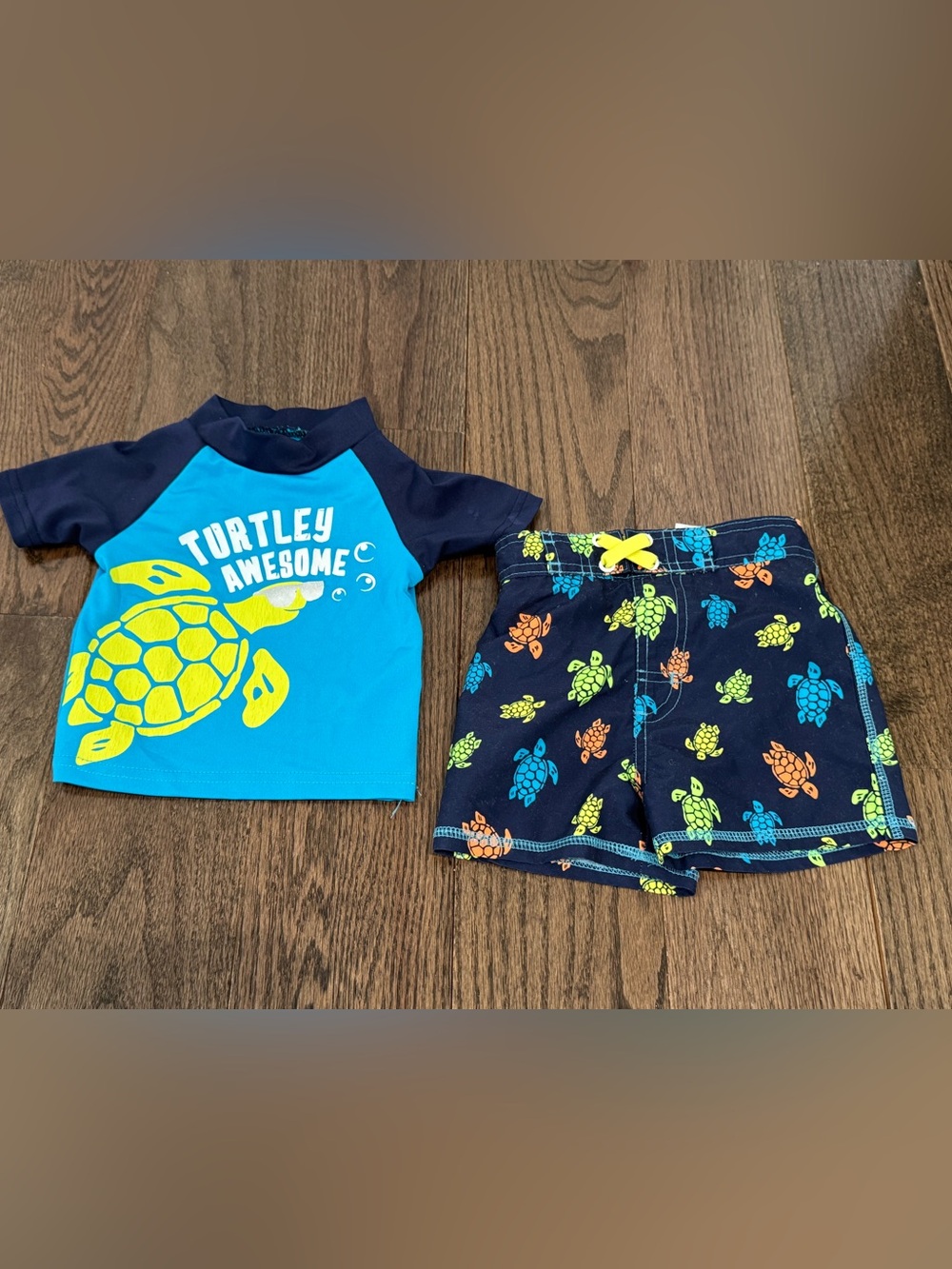 Baby Boy - 12 mo. Blue Turtle Rash Guard and Swim Shorts Set - Turtley Awesome